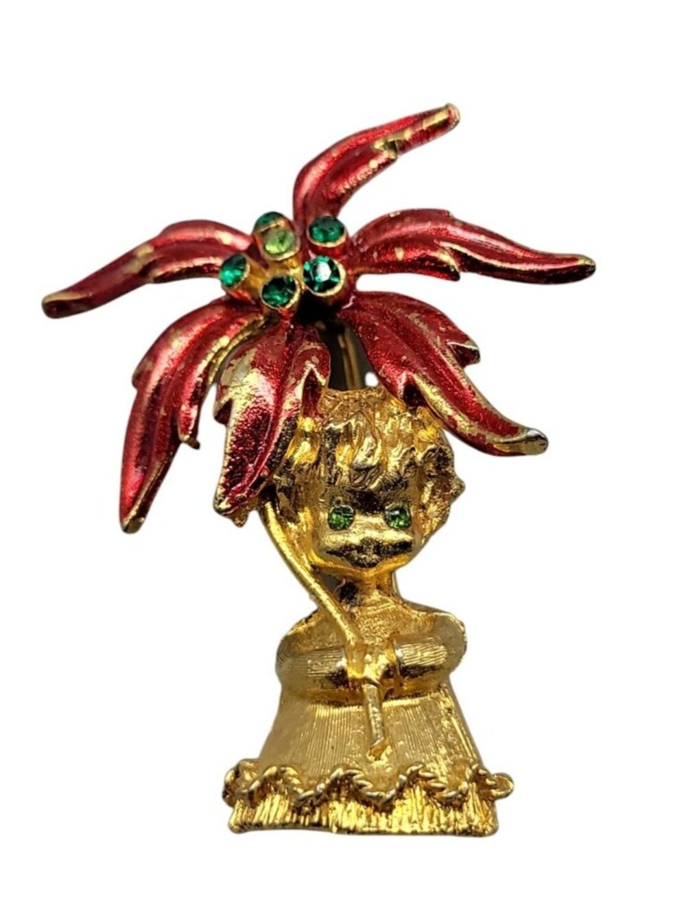 Mylu Christmas Brooch Girl Holding Poinsettia Rhinestones Red Enamel Gold Tone